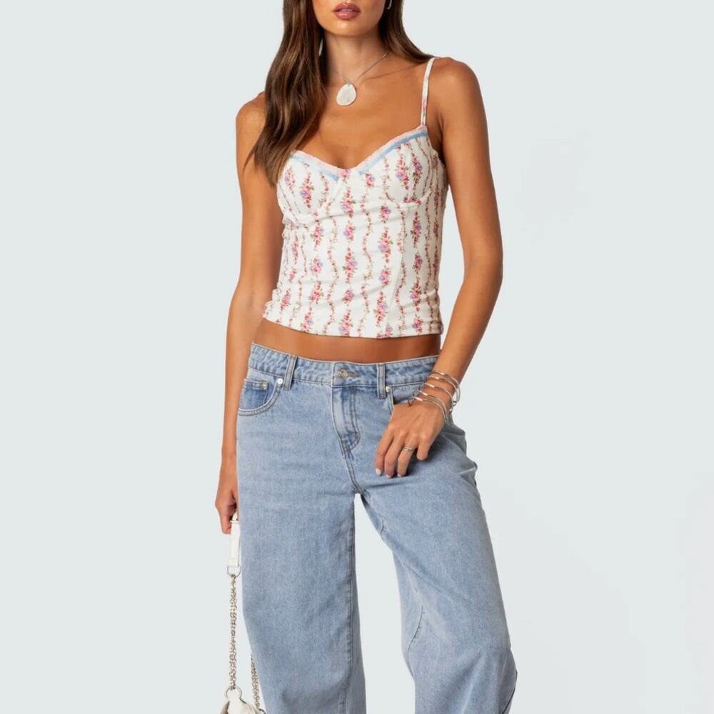Edikted Indira Floral Lace-Up Corset Camisole Tank Top Large Coquette